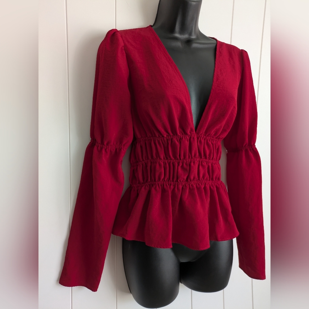 ASOS Red Deep Plunge Peplum Top, Size 4 Long Sleeve, Ruching Waist, V Neck - Picture 2 of 11
